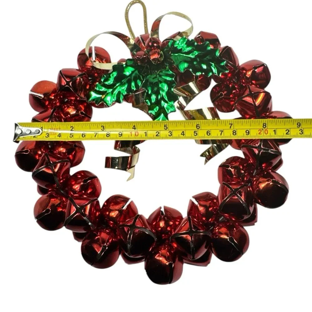 Vintage Red Jingle Bell Wreath Metal Ribbon Holly Leaves Berries 10” Christmas